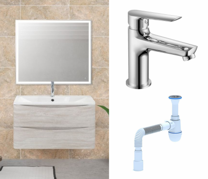 Комплект: Мебель для ванной BelBagno Acqua 80 rovere vintage bianco + Смеситель Haiba HB10198 хром + Сифон АниПласт