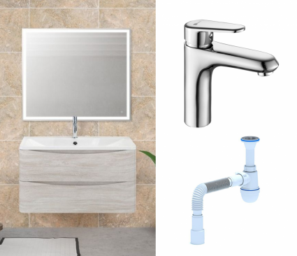 Комплект: Мебель для ванной BelBagno Acqua 80 rovere vintage bianco + Смеситель Lemark Point LM0306C хром + Сифон АниПласт