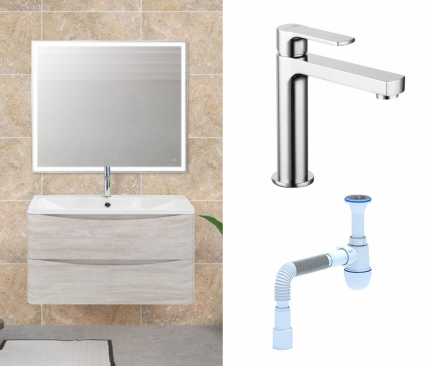 Комплект: Мебель для ванной BelBagno Acqua 80 rovere vintage bianco + Смеситель Lemark plus Grace LM1537C хром + Сифон АниПласт