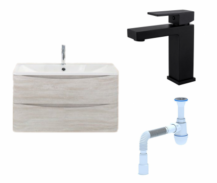Комплект: Тумба с раковиной BelBagno Acqua 100 rovere vintage bianco + Смеситель Haiba HB10803-7 черный + Сифон АниПласт