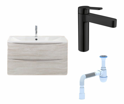 Комплект: Тумба с раковиной BelBagno Acqua 100 rovere vintage bianco + Смеситель BelBagno Delta DEL-LVM-NERO черный + Сифон АниПласт