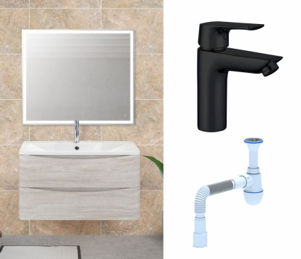 Комплект: Мебель для ванной BelBagno Acqua 100 rovere vintage bianco + Смеситель Aquanet Static AF330-10B черный + Сифон АниПласт