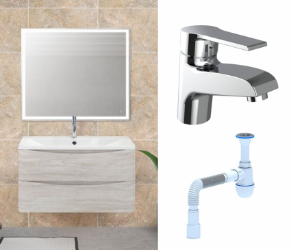 Комплект: Мебель для ванной BelBagno Acqua 100 rovere vintage bianco + Смеситель Agger Right A2902100 хром + Сифон АниПласт