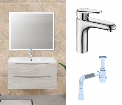 Комплект: Мебель для ванной BelBagno Acqua 100 rovere vintage bianco + Смеситель Lemark Point LM0306C хром + Сифон АниПласт