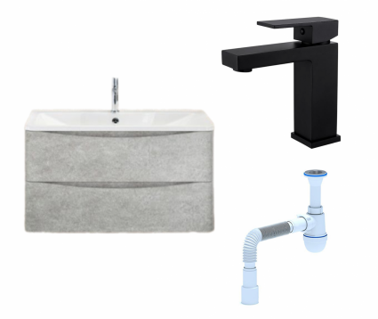 Комплект: Тумба с раковиной BelBagno Acqua 80 cemento verona grigio + Смеситель Haiba HB10803-7 черный + Сифон АниПласт