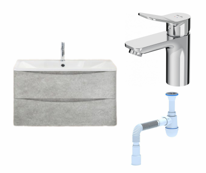 Комплект: Тумба с раковиной BelBagno Acqua 80 cemento verona grigio + Смеситель Am.Pm X-Joy F85A02100 хром + Сифон АниПласт