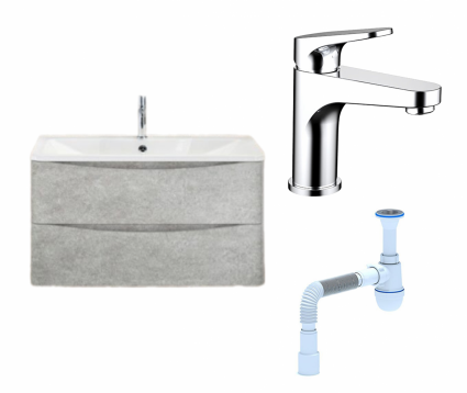 Комплект: Тумба с раковиной BelBagno Acqua 80 cemento verona grigio + Смеситель Bravat Eler F1191238CP-RUS хром + Сифон АниПласт