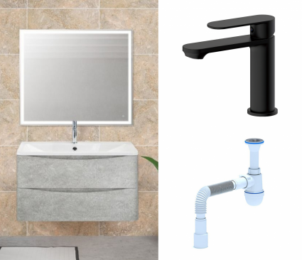 Комплект: Мебель для ванной BelBagno Acqua 80 cemento verona grigio + Смеситель  Haiba HB10590-7 черный + Сифон АниПласт