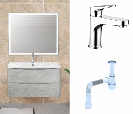 Комплект: Мебель для ванной BelBagno Acqua 80 cemento verona grigio + Смеситель Bravat Eler F1191238CP-RUS Хром + Сифон АниПласт