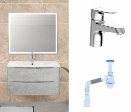 Комплект: Мебель для ванной BelBagno Acqua 80 cemento verona grigio + Смеситель Bravat Alfa F1120178CP Хром + Сифон АниПласт