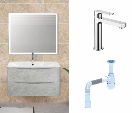 Комплект: Мебель для ванной BelBagno Acqua 80 cemento verona grigio + Смеситель Lemark plus Grace LM1537C Хром + Сифон АниПласт