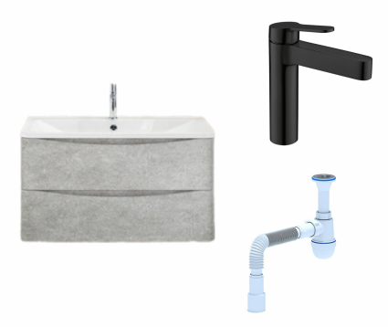 Комплект: Тумба с раковиной BelBagno Acqua 90 cemento verona grigio + Смеситель  BelBagno Delta DEL-LVM-NERO черный + Сифон АниПласт
