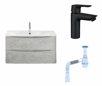 Комплект: Тумба с раковиной BelBagno Acqua 90 cemento verona grigio + Смеситель Aquanet Static AF330-10B черный + Сифон АниПласт