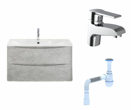 Комплект: Тумба с раковиной BelBagno Acqua 90 cemento verona grigio + Смеситель Хром + Сифон АниПласт