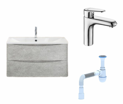 Комплект: Тумба с раковиной BelBagno Acqua 90 cemento verona grigio + Смеситель Lemark Point LM0306C  Хром + Сифон АниПласт