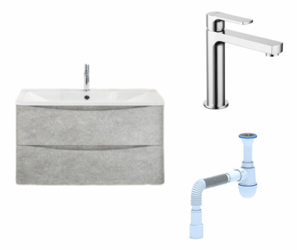 Комплект: Тумба с раковиной BelBagno Acqua 90 cemento verona grigio + Смеситель Lemark plus Grace LM1537C Хром + Сифон АниПласт