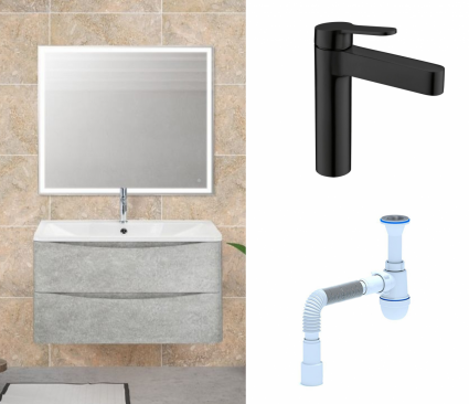 Комплект: Мебель для ванной BelBagno Acqua 90 cemento verona grigio + Смеситель  BelBagno Delta DEL-LVM-NERO черный + Сифон АниПласт