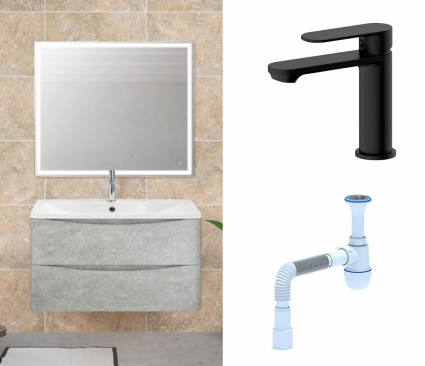 Комплект: Мебель для ванной BelBagno Acqua 90 cemento verona grigio + Смеситель Haiba HB10590-7 черный + Сифон АниПласт