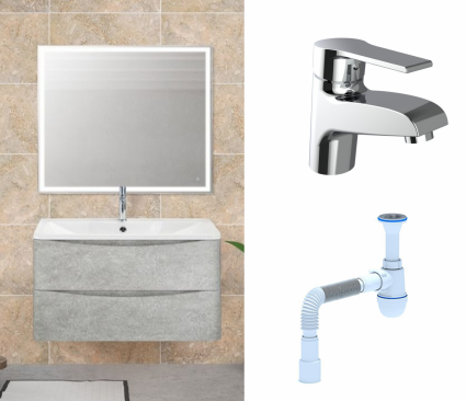 Комплект: Мебель для ванной BelBagno Acqua 90 cemento verona grigio + Смеситель Agger Right A2902100 Хром + Сифон АниПласт