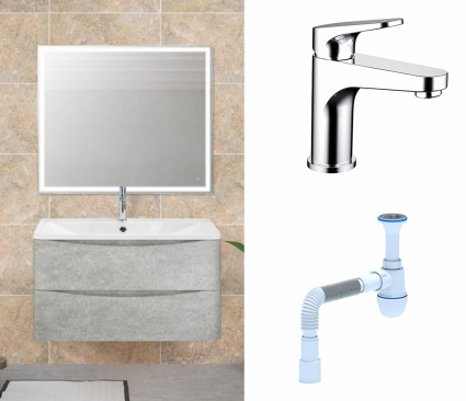 Комплект: Мебель для ванной BelBagno Acqua 90 cemento verona grigio + Смеситель Bravat Eler F1191238CP-RUS Хром + Сифон АниПласт