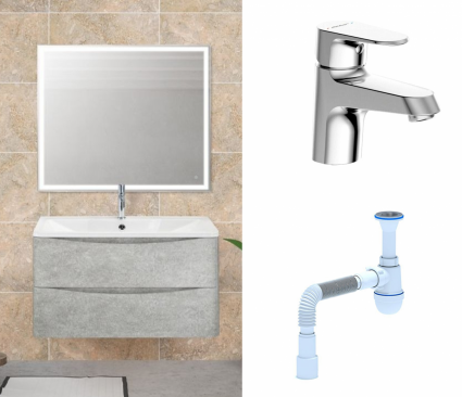 Комплект: Мебель для ванной BelBagno Acqua 90 cemento verona grigio + Смеситель Bravat Alfa F1120178CP Хром + Сифон АниПласт