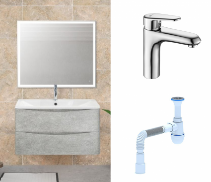 Комплект: Мебель для ванной BelBagno Acqua 90 cemento verona grigio + Смеситель Lemark Point LM0306C Хром + Сифон АниПласт