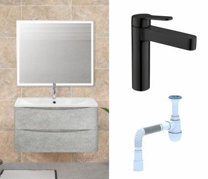 Комплект: Мебель для ванной BelBagno Acqua 100 cemento verona grigio + Смеситель BelBagno Delta DEL-LVM-NERO черный + Сифон АниПласт