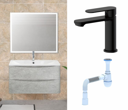 Комплект: Мебель для ванной BelBagno Acqua 100 cemento verona grigio + Смеситель Haiba HB10590-7 черный + Сифон АниПласт