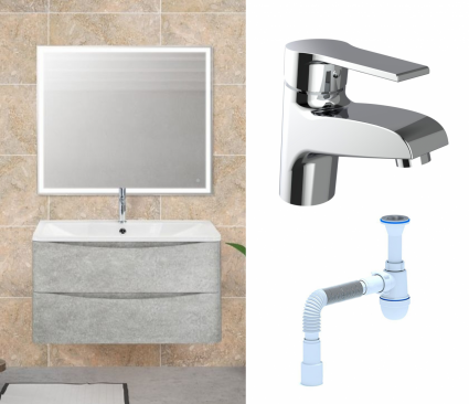 Комплект: Мебель для ванной BelBagno Acqua 100 cemento verona grigio + Смеситель Agger Right A2902100 хром + Сифон АниПласт