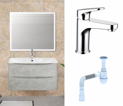 Комплект: Мебель для ванной BelBagno Acqua 100 cemento verona grigio + Смеситель Bravat Eler F1191238CP-RUS хром + Сифон АниПласт