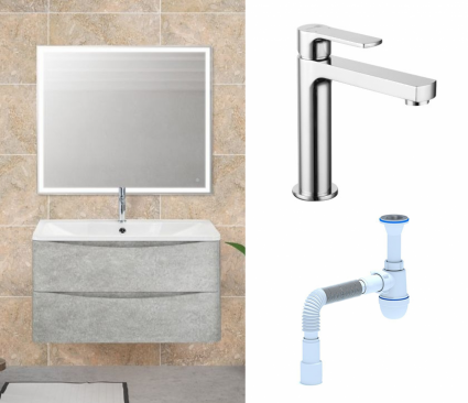 Комплект: Мебель для ванной BelBagno Acqua 100 cemento verona grigio + Смеситель Lemark plus Grace LM1537C хром + Сифон АниПласт