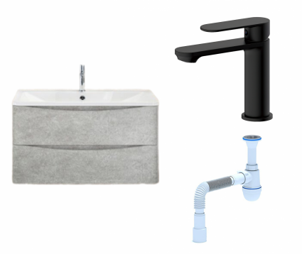 Комплект: Тумба с раковиной BelBagno Acqua 100 cemento verona grigio + Смеситель Haiba HB10590-7 черный + Сифон АниПласт