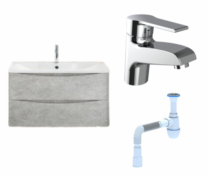 Комплект: Тумба с раковиной BelBagno Acqua 100 cemento verona grigio + Смеситель Agger Right A2902100 хром + Сифон АниПласт