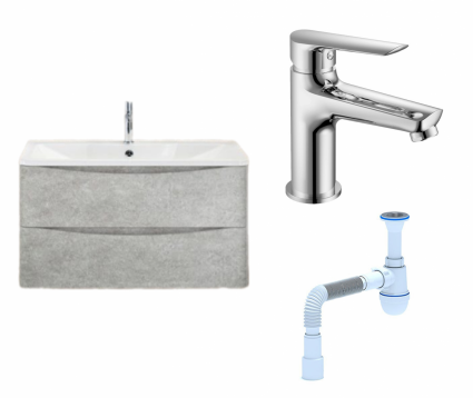 Комплект: Тумба с раковиной BelBagno Acqua 100 cemento verona grigio + Смеситель Haiba HB10198 хром + Сифон АниПласт