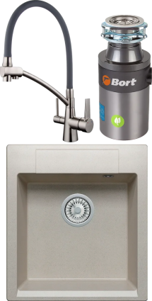 Комплект Мойка кухонная Polygran Argo 460 серая + Смеситель Gappo G4398 с гибким изливом, сатин, серый + Измельчитель Bort Titan 4000 Plus, матовая, квадратная