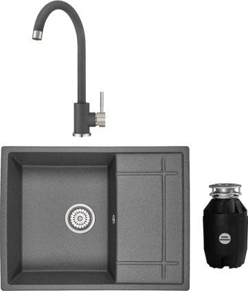 Комплект Мойка кухонная Granula 6501, ГРАФИТ + Смеситель ST-4031 + Измельчитель Bone Crusher BC 810-AS, матовая, прямоугольная