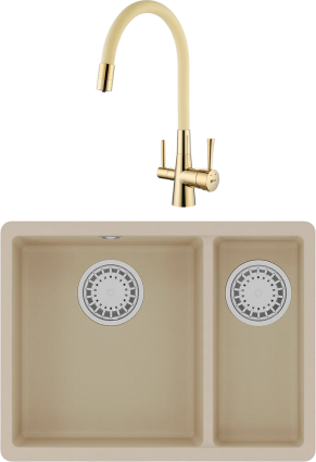 Комплект Мойка кухонная Lemark Sinara 550.2-U 9910080 бежевая + Смеситель Comfort LM3075G-Beige с гибким изливом, золото, бежевый, матовая, прямоугольная