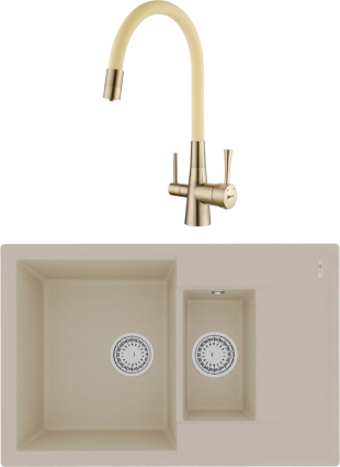Комплект Мойка кухонная Lemark Ramza 760 9910038 бежевая + Смеситель Comfort LM3075B-Beige с гибким изливом, бронза, бежевый, матовая, прямоугольная