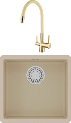 Комплект Мойка кухонная Lemark Sinara 440-U 9910068 бежевая + Смеситель Comfort LM3075G-Beige с гибким изливом, золото, бежевый, матовая, квадратная