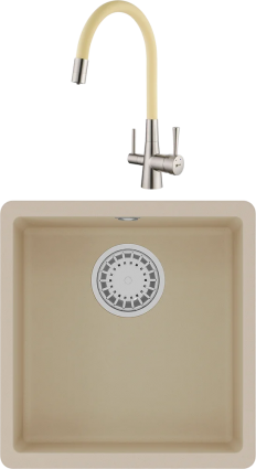 Комплект Мойка кухонная Lemark Sinara 400-U 9910062 бежевая + Смеситель Comfort LM3075BN-Beige с гибким изливом, никель, бежевый, матовая, квадратная