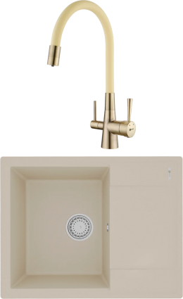 Комплект Мойка кухонная Lemark Imandra 640 9910020 бежевая + Смеситель Comfort LM3075B-Beige с гибким изливом, бронза, бежевый, матовая, прямоугольная