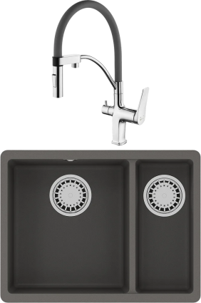 Комплект Мойка кухонная Lemark Sinara 550.2-U 9910083 серый шелк + Смеситель Comfort LM3074C-Gray с гибким изливом, хром, серый, матовая, прямоугольная
