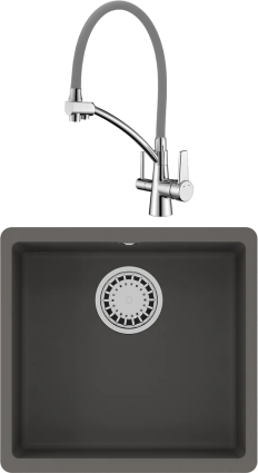 Комплект Мойка кухонная Lemark Sinara 440-U 9910071 серый шелк + Смеситель Comfort LM3071C-Gray с гибким изливом, хром, серый, матовая, квадратная