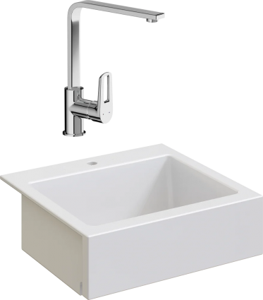 Комплект Мойка кухонная Domaci Сиена 50166-101 с 1 отверстием, белый глянец + Смеситель STWORKI, глянцевая, прямоугольная