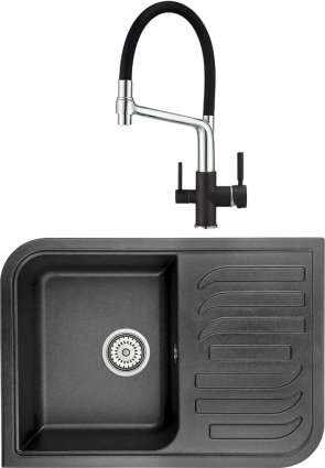 Комплект Мойка кухонная Granula 7001, ЧЁРНЫЙ + Смеситель GR-0083 GR-0083 черный с гибким изливом, матовая, прямоугольная