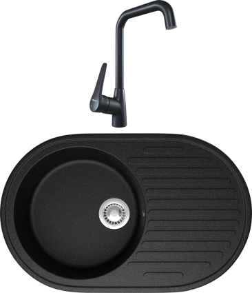 Комплект Мойка кухонная Domaci Болонья М-11-002 черная + Смеситель STWORKI WFD04007GA черный матовый матовая, овальная
