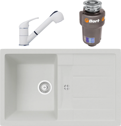 Комплект Мойка кухонная TopZero Susanna 780.500-07 Ice + Смеситель Bruce ice 07 + Измельчитель Bort Titan Max Power FullControl матовая, прямоугольная
