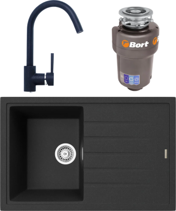 Комплект Мойка кухонная TopZero Juliet 780.500-10 cosmos + Смеситель Romeo cosmos 10 + Измельчитель Bort Titan 5000 Control матовая, прямоугольная