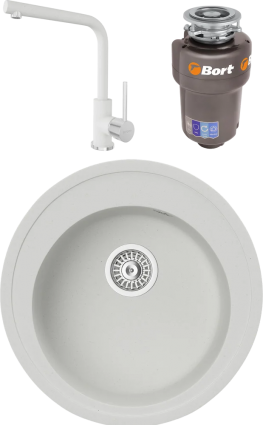 Комплект Мойка кухонная TopZero Eva 510-07 ice + Смеситель Donald ice 07 + Измельчитель Bort Titan Max Power матовая, круглая