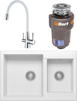 Комплект Мойка кухонная Polygran Brig 772 белый хлопок + Смеситель Lemark Comfort LM3075C-White с гибким изливом, хром, белый + Измельчитель Bort Titan Max Power FullControl, матовая, прямоугольная